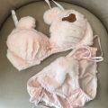 Womens 2pcs Bra Panty Set Bear Faux Fur Underwire Underwear Plush Ball Bow Anime Lingerie. 