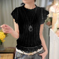 Yfashion Fashion Lace Shirt For Women Cotton Short Sleeves Round Neck Pullover Tops Sweet Solid Color Slim Fit Blouse. 
