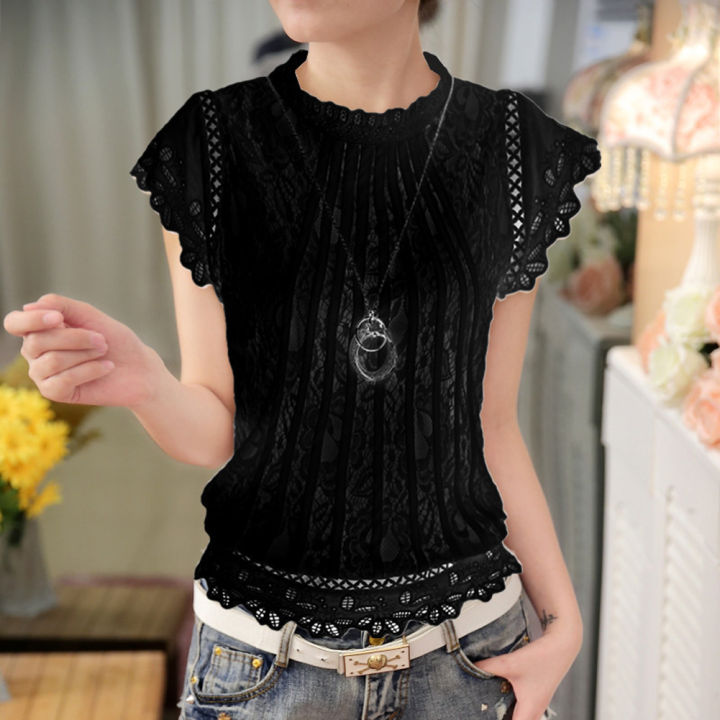 Yfashion%20Fashion%20Lace%20Shirt%20For%20Women%20Cotton%20Short%20Sleeves%20Round%20Neck%20Pullover%20Tops%20Sweet%20Solid%20Color%20Slim%20Fit%20Blouse%20-%20Image%206