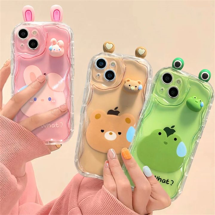 HOCE Cute 3D Ears Animal Cartoon Phone Cases For iPhone 11 12 13 14 15 Pro Max X XS XR 7 8 Plus SE2 SE3 Case Lovely Animal Soft Clear Wavy Bumper Cover