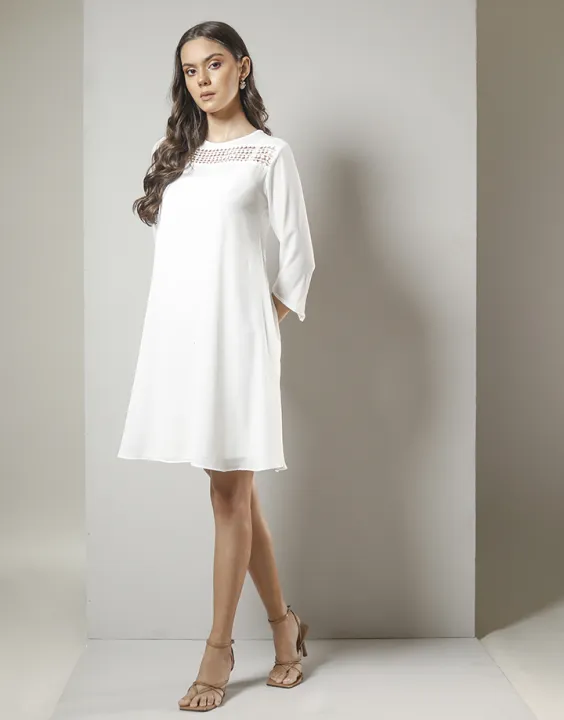 Spring & Summer White Lace Insert Dress with Loose Fit
