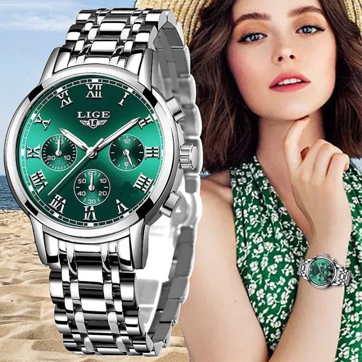 Ladies Watch Stainless Steel Luxury Quartz Analog Business Chain Casual Wrist LIGEx Watches For Girls Women Love Gift - Silver Green