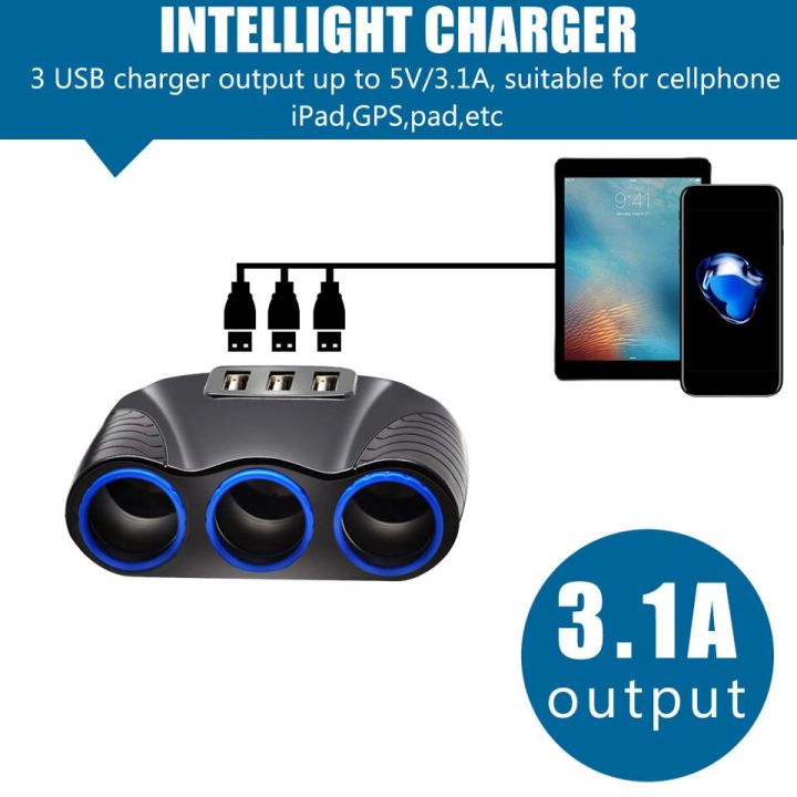 12V/24V%203%20Way%20Auto%20Sockets%20Car%20Cigarette%20Lighter%20Adapter%20Lighter%20Splitter%20Lighter%205V%203.1A%20Output%20Power%20With%205%20USB%20Charger%20-%20Image%202