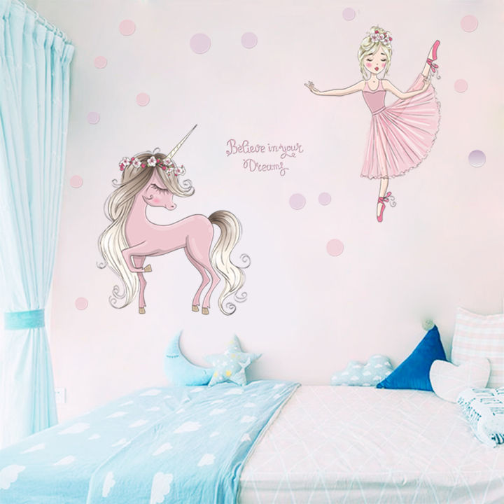 Cartoon%20pink%20princess%20castle%20unicorn%20flower%20wall%20sticker%20ballet%20dancing%20girl%20child%20girl%20room%20decoration%20poster%20mural%20sticker%20-%20Image%204
