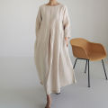 Yfashion Women Cotton Loose Large Size Dress Cotton Linen Round Neck Pullover Casual Simple Solid Color Large Swing Dress. 