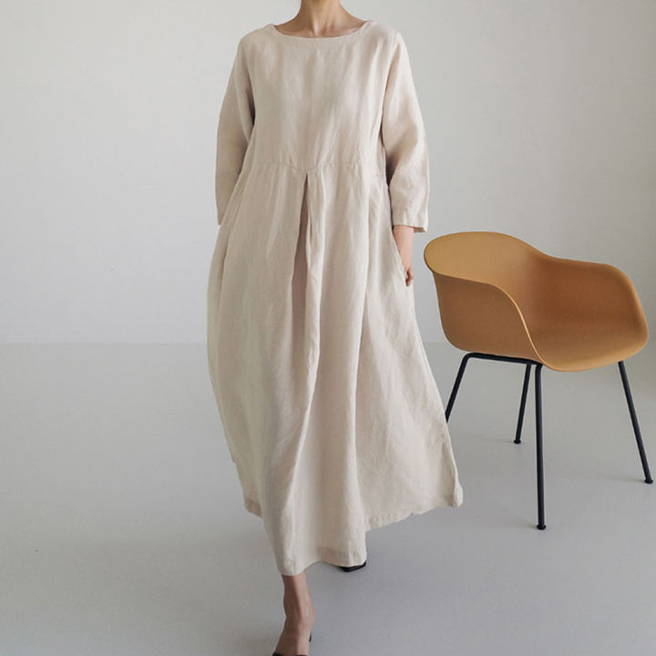 Yfashion%20Women%20Cotton%20Loose%20Large%20Size%20Dress%20Cotton%20Linen%20Round%20Neck%20Pullover%20Casual%20Simple%20Solid%20Color%20Large%20Swing%20Dress%20-%20Image%203