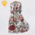 Bohemian Style Dress Bohemian Style Floral Print Midi Dress with Lace-up Strap Fashion Trend Women Lapel Dress. 