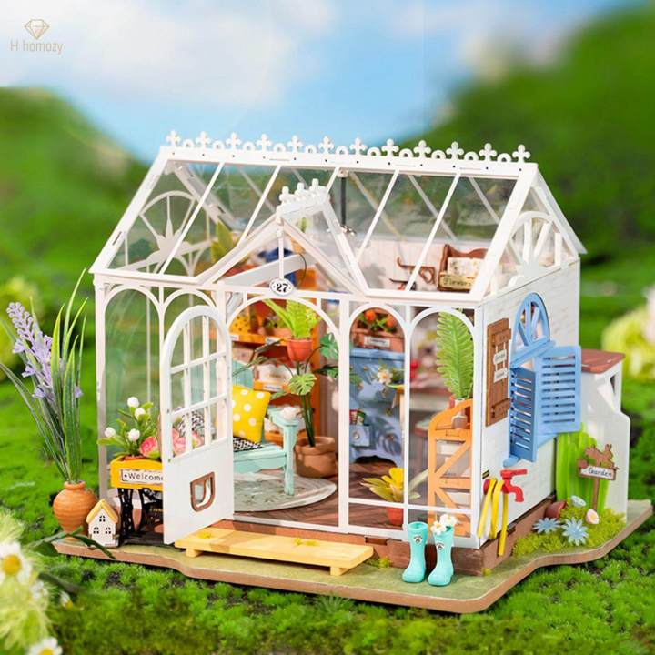 Wood Miniature Dollhouse with Decorative Plants and Ornaments Doll House Kits Girls Kids