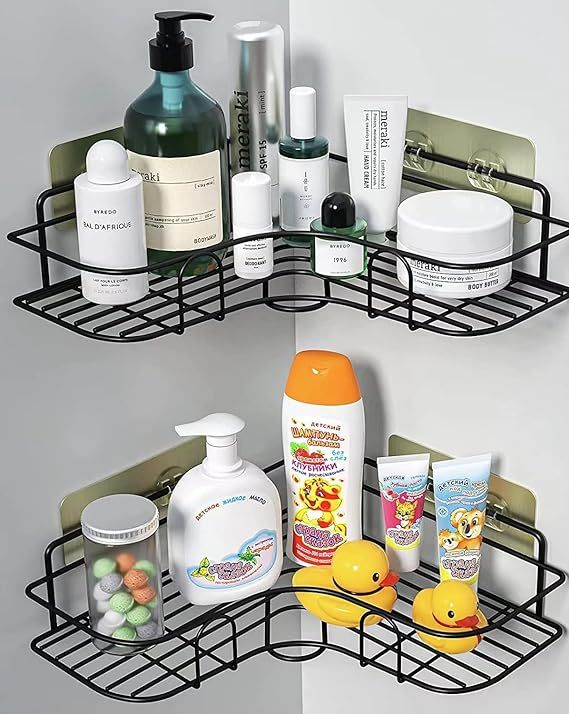 Kitchen & Bathroom corner rack Shelves Adjustable Shower Corner Shelf for Kitchen & Bathroom Accessories - Without Drilling - Bathroom Storage (Black) Rack