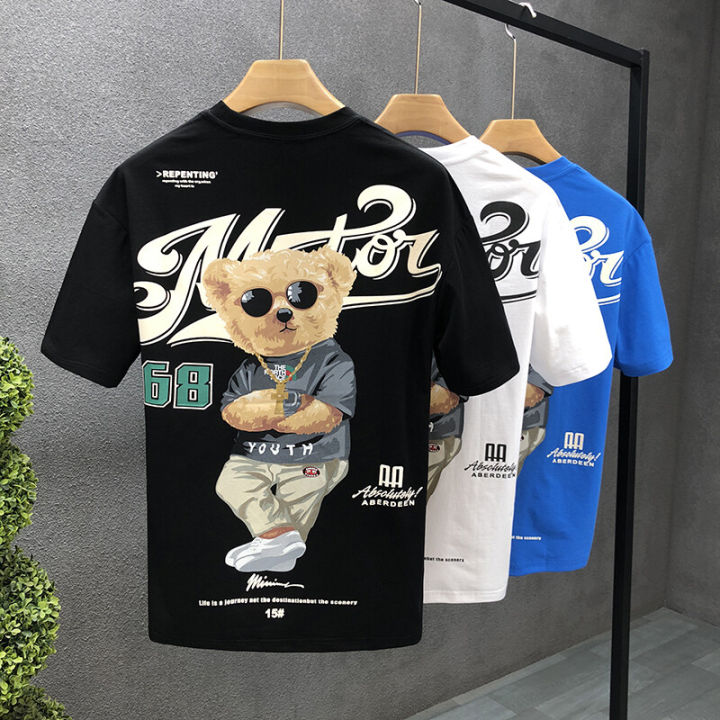S-5XL Cotton T Shirts For Men High Quality Bear Printed Crewneck Short Sleeve T-Shirt New Fashion Tops Men Clothing 366