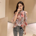 off-the-Shoulder Floral Chiffon Blouse Women's Summer Wear2023New Fashionable Korean Style Temperament Shirt Loose Bell Sleeve Top. 