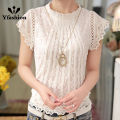 Yfashion Fashion Lace Shirt For Women Cotton Short Sleeves Round Neck Pullover Tops Sweet Solid Color Slim Fit Blouse. 