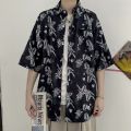 Hong kong style retro ulzzang Short Sleeve Printed Shirt Men's Harajuku Style Loose ins Shirt Beach Couple Sun-Protective Clothing Tide. 