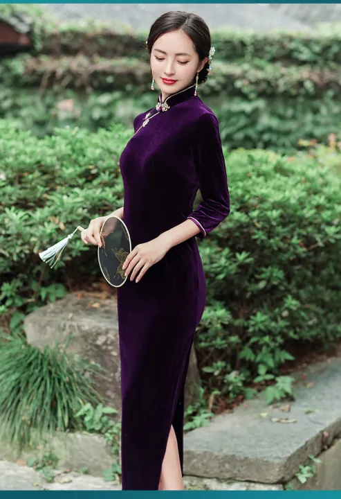 bellylady%20Women%20Cotton%20Velvet%20Cheongsam%20Dress%20Elegant%20Slim%20Fit%20Stand%20Collar%20Fashion%20Retro%20Solid%20Color%20Large%20Size%20Cheongsam%20-%20Image%205