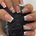 24Pc V shape white french tip press on nails Ballet false Nails with Glue Nails flower designs square Press on acylic. 