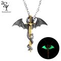 Sunny Punk Men Glow In The Dark Dragon Sword Pendant Chain Necklace. 