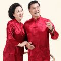 Summer Ice Silk Couple Long-Sleeve Suit Middle-Aged and Elderly Tang Suit Mom and Dad Festive Birthday Clothes Style Unisex Wear. 