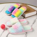 Home Children Parent-Child Fluffy Slippers Boys and Girls Colorful One-Word Autumn and Winter Floor Indoor Plush Slippers Rainbow. 