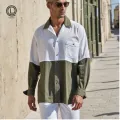 Lans Men's Cuban Collar Patchwork Long Sleeve Shirt – Stylish Contrast Design, Oversized Casual Wear ( S to 3XL ). 
