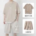 Waffle Summer Ice Silk Short Sleeve T T-shirt Suit Boys Breathable Knee Length Pants Casual Sports Trendy Simple. 