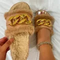 【BestGO】Summer Plush Slippers Fashion Open Toe Solid Color Women's Sandals Metal Chain Outdoor Casual Plus Size Shoes. 