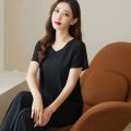 Women's Pajamas Summer Suit Ice Silk Thin Homewear Can Be Worn outsideVCollar Short Sleeve Wide Leg Pants Two-Piece Set Loose Outfit. 