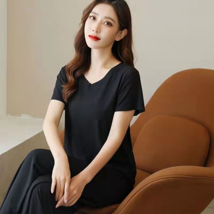 Women's%20Pajamas%20Summer%20Suit%20Ice%20Silk%20Thin%20Homewear%20Can%20Be%20Worn%20outsideVCollar%20Short%20Sleeve%20Wide%20Leg%20Pants%20Two-Piece%20Set%20Loose%20Outfit%20-%20Image%206