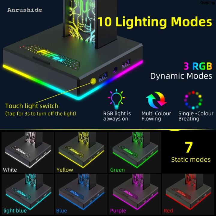 QuepingPortable%20RGB%20Gaming%20Headphone%20Stand%2010%20Lighting%20Effects%20Dual%20USB%20Port%203.5mm%20Fashion%20Audio%20Port%20Desktop%20Gaming%20Headset%20Holder%20Hanger%20for%20Gamer%20PC%20-%20Image%202