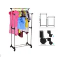 Double Pole Telescopic Clothes Hanger, Garment Drying Rack with Rolling Wheels Steel Floor Cloth Dryer Stand. 
