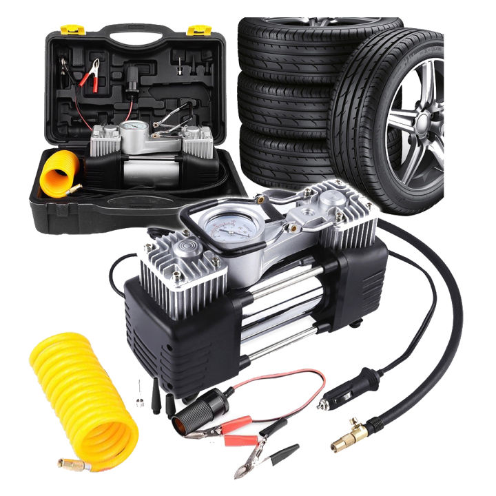 Double Cylinder portable vehicle compressor with tire patch repair kit case