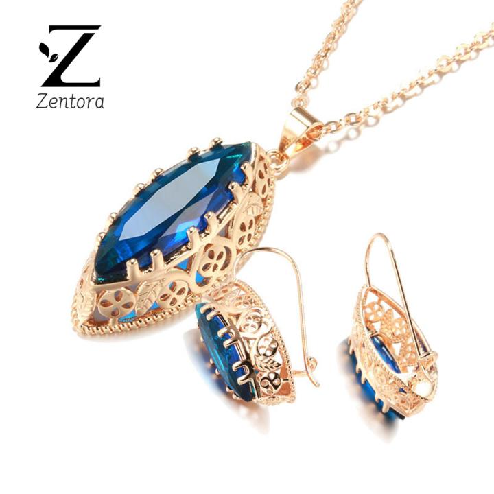 Zentora Necklace Earrings Set Elegant Women Faux Gem Drop Necklace Earrings Jewelry Set