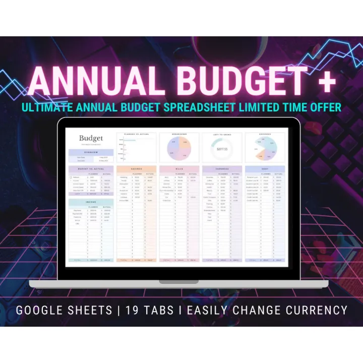 Annual Budget Spreadsheet, Google Sheets Budget Template, Bill Calendar, Personal Finance Dashboard,