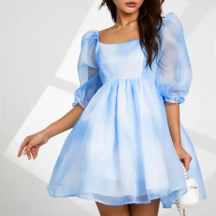 2022 Women Short Puff Sleeve Big Hem Dress Summer Tie-dyed Printing Square Collar Bubble Party Dress Female Vestidos Sundress