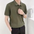 Nine Summer New Korean Style Knitted Short Sleeve polo Shirt Men's Korean-Style Trendy Solid Color Striped Lapel T T Shirt All-Matching. 