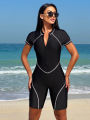 Women's new swimming Korean peach color full body swimsuit style black short-sleeved one-piece swimsuit shorts women's sports surfing suit. 