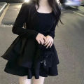 Korean Style Long Sleeve Drees Women Autumn Patchwork Square Collar Black Puffy Dresses Woman Fashion Prom Bow Black Mini Dress. 