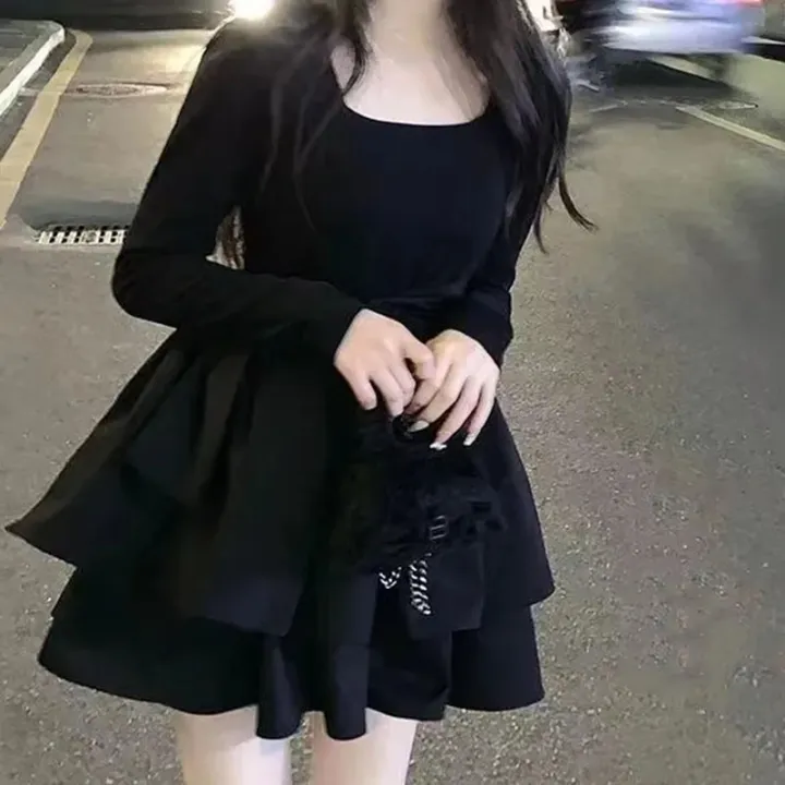 Korean%20Style%20Long%20Sleeve%20Drees%20Women%20Autumn%20Patchwork%20Square%20Collar%20Black%20Puffy%20Dresses%20Woman%20Fashion%20Prom%20Bow%20Black%20Mini%20Dress%20-%20Image%203