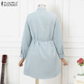 【ThinkWay】Korean Style Womens Fashion Stand Collar Long Sleeve Dress Elegant Plain Mini Shirt Dresses #10. 