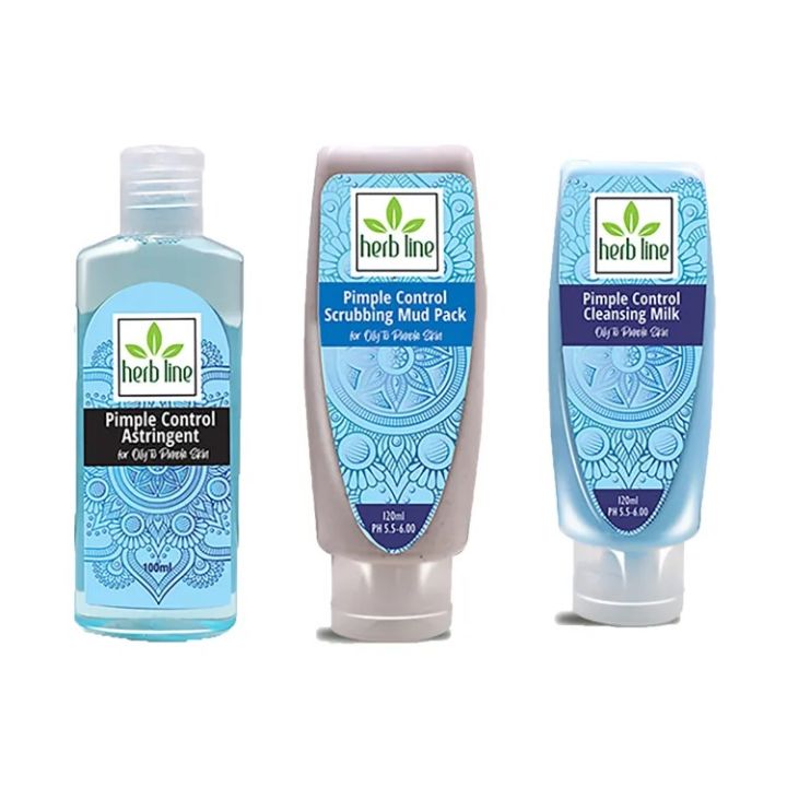 Herb Line Pimple Control Pack Scrubbing Mud Pack, Cleansing Milk, Astringent ( Heherbline )