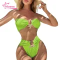 Muses Mall Slimming High-waisted Swimsuit Stylish 2pcs Women's Bikini Set with Metal Buckle Detail High Waist Swimsuit for Beachwear Quick Drying Solid Color Swimwear High-waisted Bikini Set. 