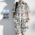 KSUK Ice Silk Fashion Casual Set Men's Summer Fashion Brand Pu Shuai Casual Printed Shirt T-shirt Shory Style Two-Piece Set. 