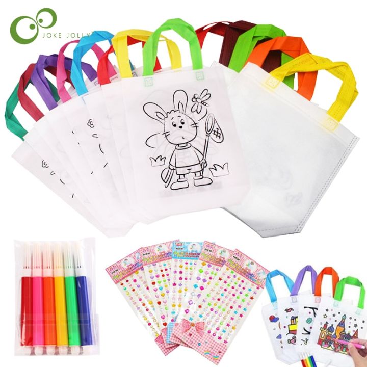 DIY Eco-friendly Graffiti Bag with Markers Children Handmade Painting Non-woven Bag Kids Art Craft Color Filling Drawing Toy DDJ