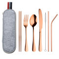 8pcs Outdoor Cutlery Set 304 Stainless Steel Spoon Fork Chopsticks Juice Straw With Bag Dinnerware Kitchen Accessories. 