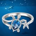 Designer Jewelry Sea Turtle Starfish Rings for Women Blue Topaz Cute Ocean Gifts Animal Valentines Day Gift Girl Party Anillos. 