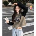 Contrast Color Letter Print Short Sweater for Women Autumn New Sweet and Spicy Korean Style Loose Slimming round Neck Long Sleeve Fashion ins. 