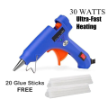 Hot Melt Glue Gun (20 Glue Sticks-FREE) New Ultra-Fast Heating/Thermostatic Melter - 100% Top Premium Quality 30W (110-240V Safety Switch). 
