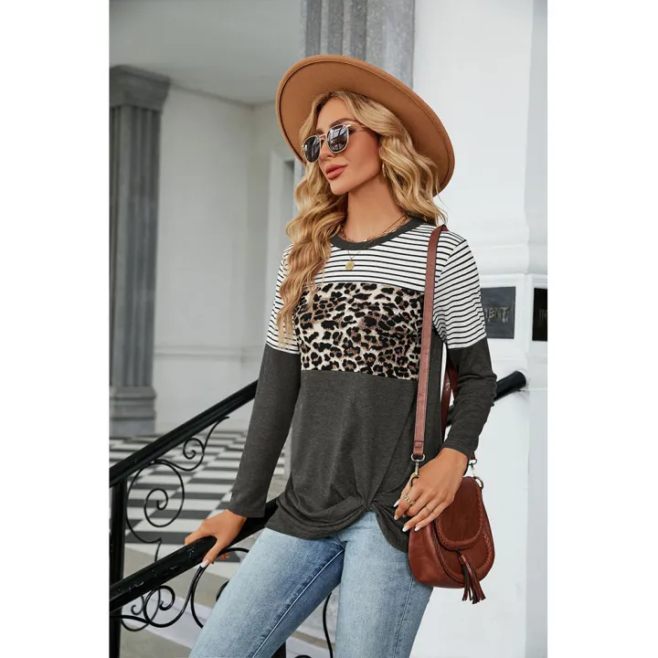 bellylady%20Women%20Casual%20T-Shirt%20Round%20Neck%20Long%20Sleeves%20Tunics%20Twist%20Knot%20Blouse%20Leopard%20Print%20Stripe%20Pullover%20Tops%20-%20Image%203