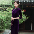 bellylady Women Cotton Velvet Cheongsam Dress Elegant Slim Fit Stand Collar Fashion Retro Solid Color Large Size Cheongsam. 