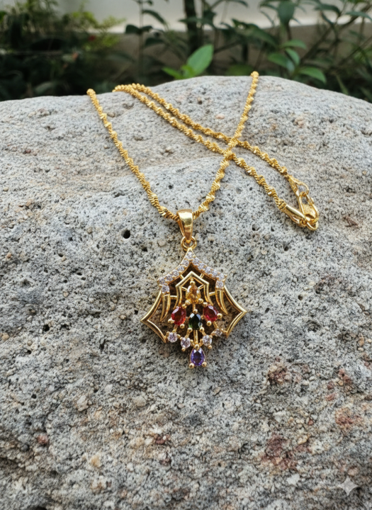 Gold%20plated%202%20mm%2018/24%20Inch's%20KERALI%20chain%20with%20Spider%20design%20multi%20stone%20Pendant%20for%20women%20and%20Girl%20-%20Image%203