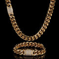 LibiPortable Miami Cuban Link Chain 18K Gold Plated 12mm Solid Stainless Steel Necklace with CZ Diamond Clasp Hip Hop Jewelry for Men Women. 